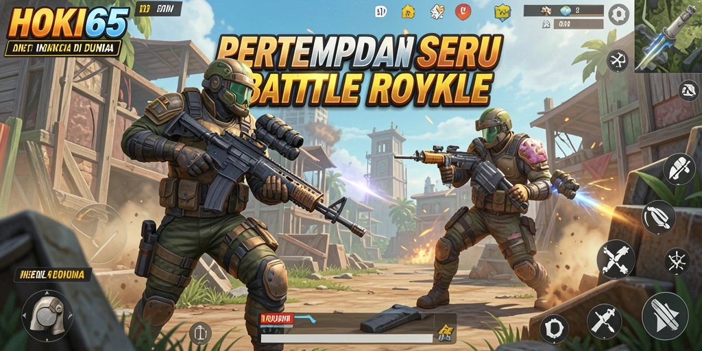 Gameplay HOKI65 menampilkan aksi seru pertarungan Battle Royale.