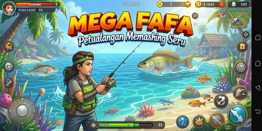 Screenshot utama MEGAFAFA menampilkan gameplay memancing yang seru dan menarik.