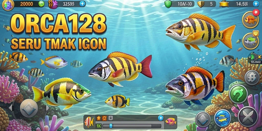 Gameplay seru di ORCA128 dengan berbagai ikan untuk ditangkap.